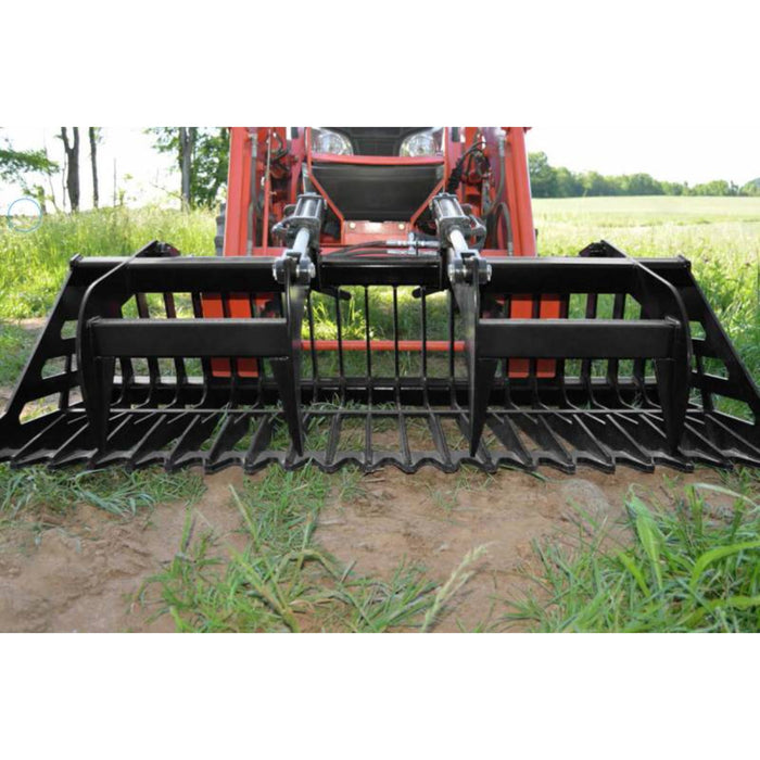 Loflin Fabrication Compact Tractor Rock Bucket Grapple in white background