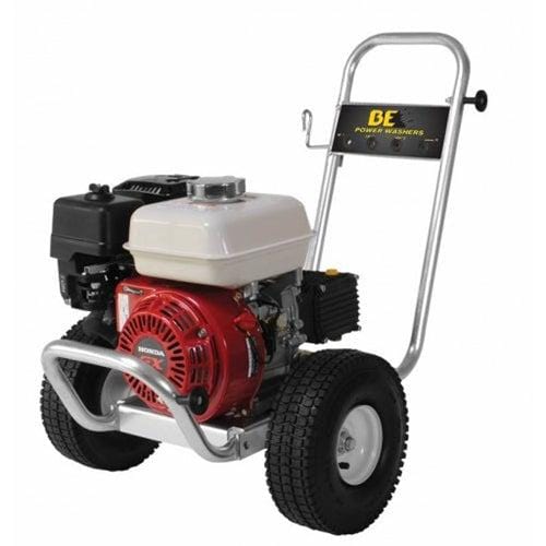 BE Power Equipment 2500 PSI Gas Pressure Washer Honda GX200 Engine 3_0 GPM External Unloader AR RCV3G25D Pump in white background