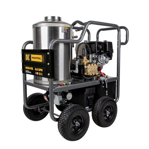 BE Power Equipment 4000 PSI Hot Water Pressure Washer GX390 Honda Engine Belt Driven General Triplex Pump HW4013HBG in white background