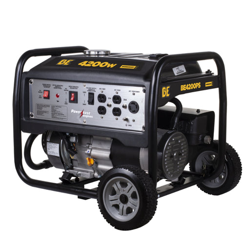 BE Power Equipment 4200 Watt Portable Generator Flat Free Tires in white background