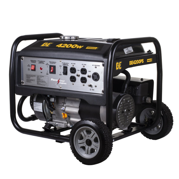 BE Power Equipment 4200 Watt Portable Generator Flat Free Tires in white background