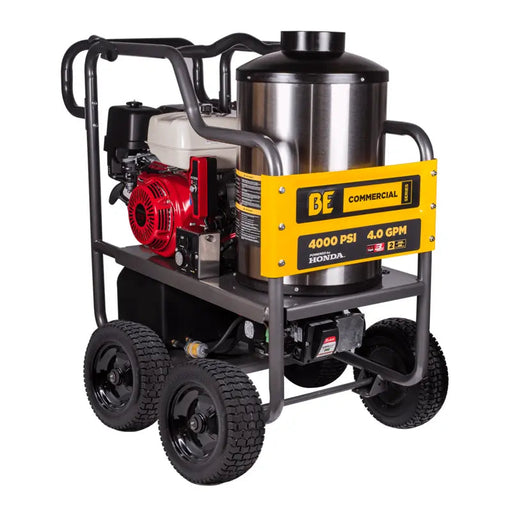BE Power Equipment Hot Water Pressure Washer w Electric Start GX390 Honda Engine General Triplex Pump in white background