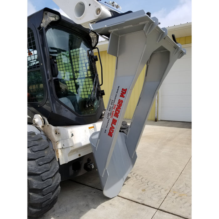 blade attachment for skid steer front right view on skid steer standing up right