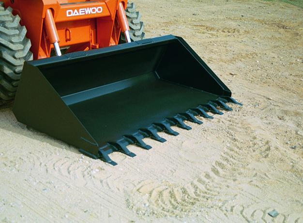 heavy duty skid steer bucket half view on ground