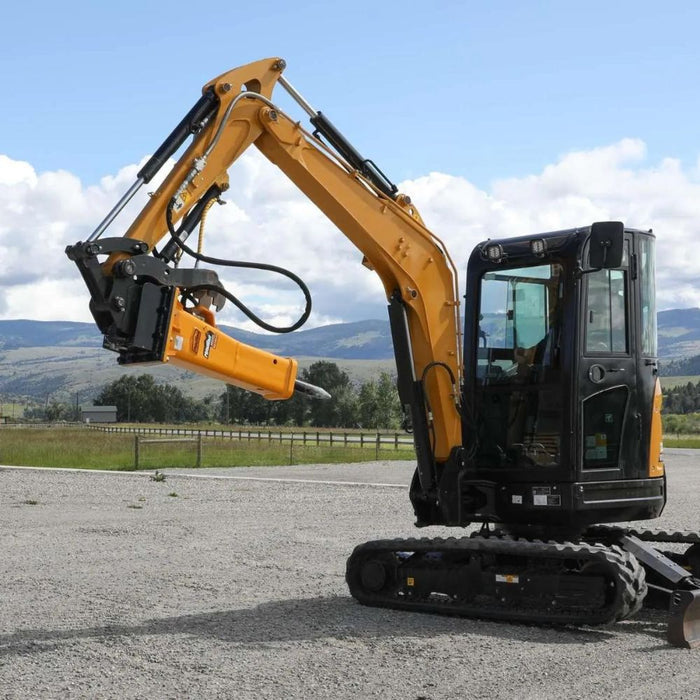 mini excavator with montana hydraulic hammer front side view