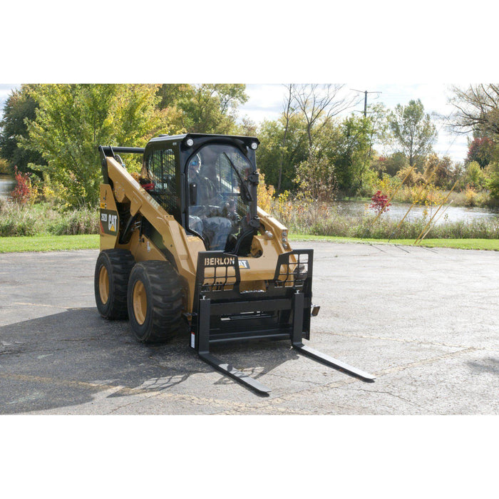 forklift attachments left view with trees in the background