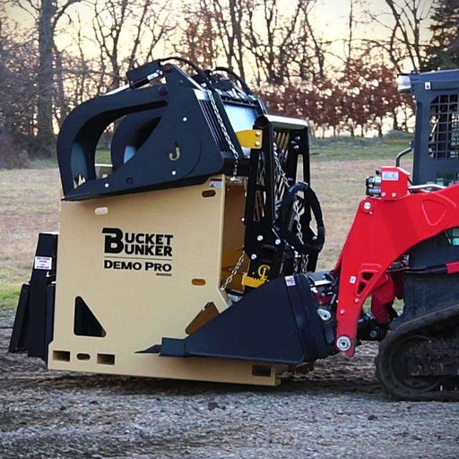 skid steer attachment rack bucket bunker demo pro side view