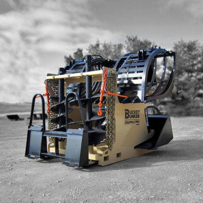 skid steer grapple attachment storage in use front right view