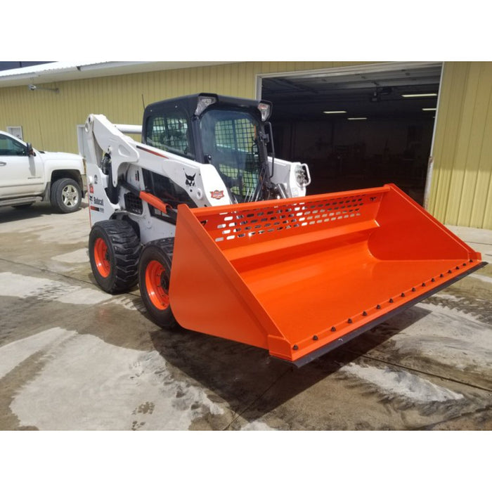 snow bucket skid steer front right view attached to skid steer